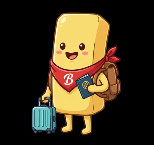 Bud the ButterTrip mascot ready to travel with a suitcase and passport